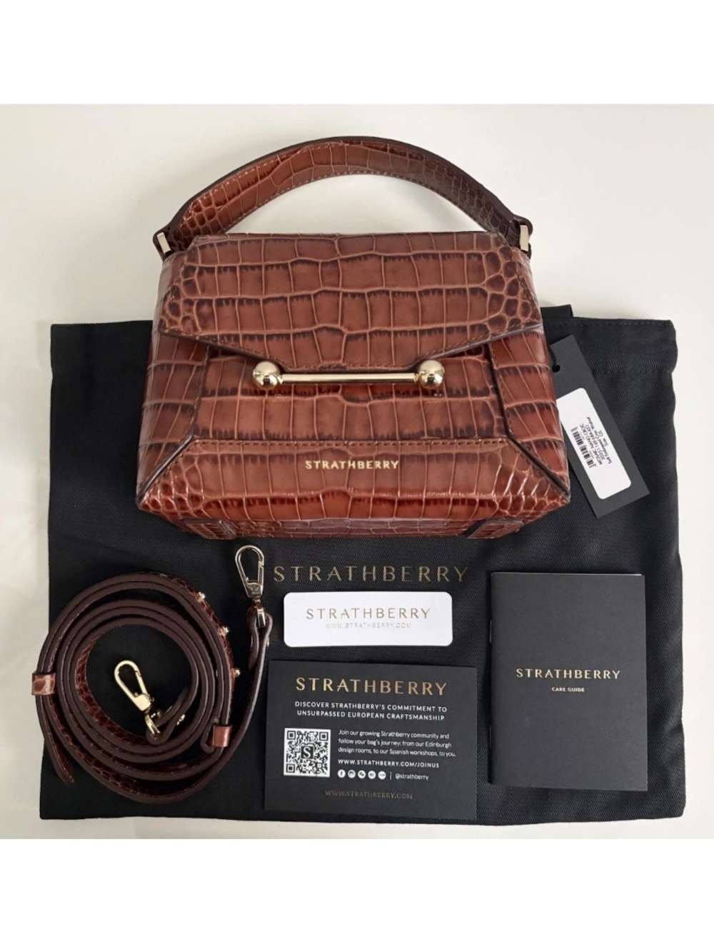NEW Strathberry Mosaic Nano Brown Croc Embossed Leather Top Handle Crossbody Bag